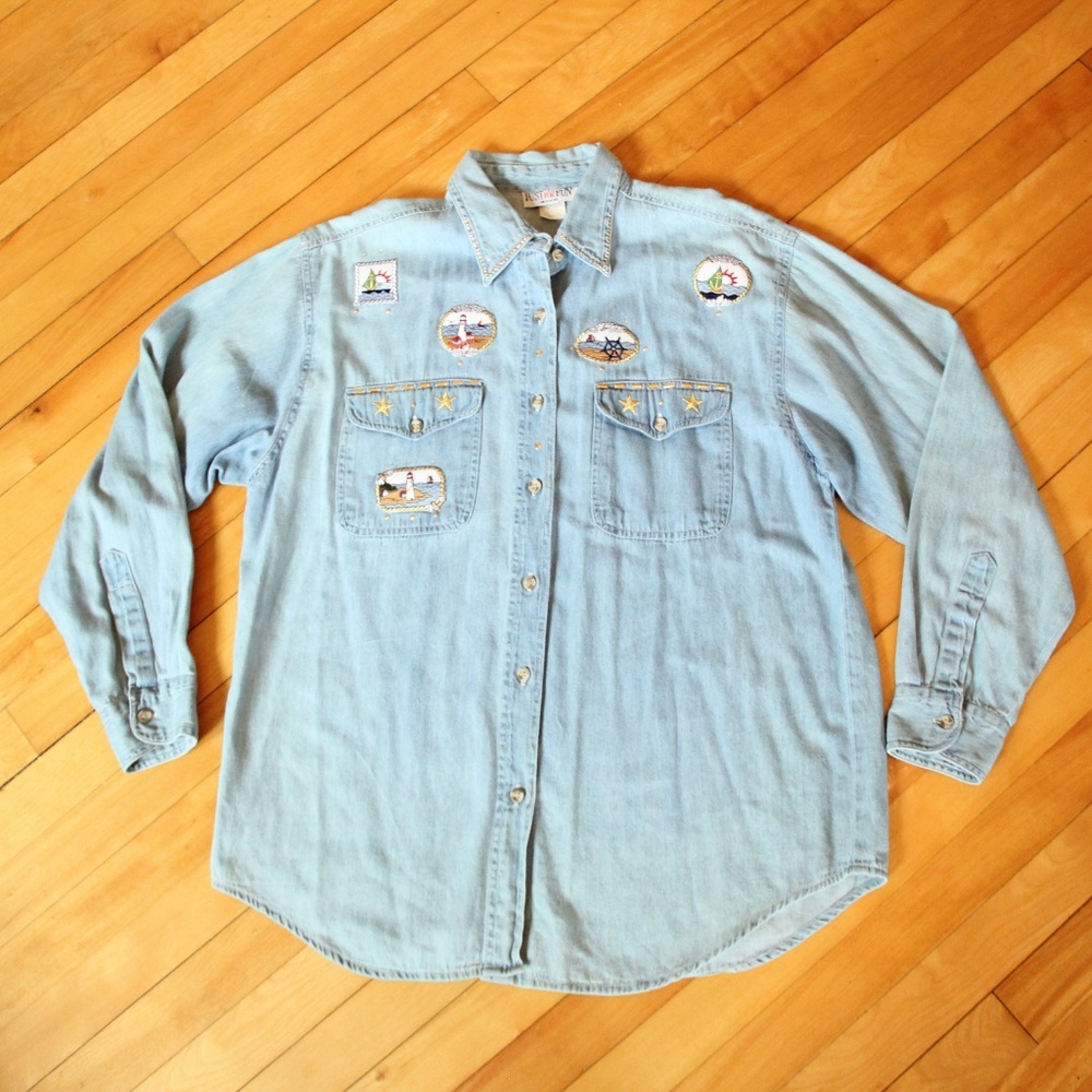 VTG Chambray Denim Jean Shirt Lighthouse Nautical